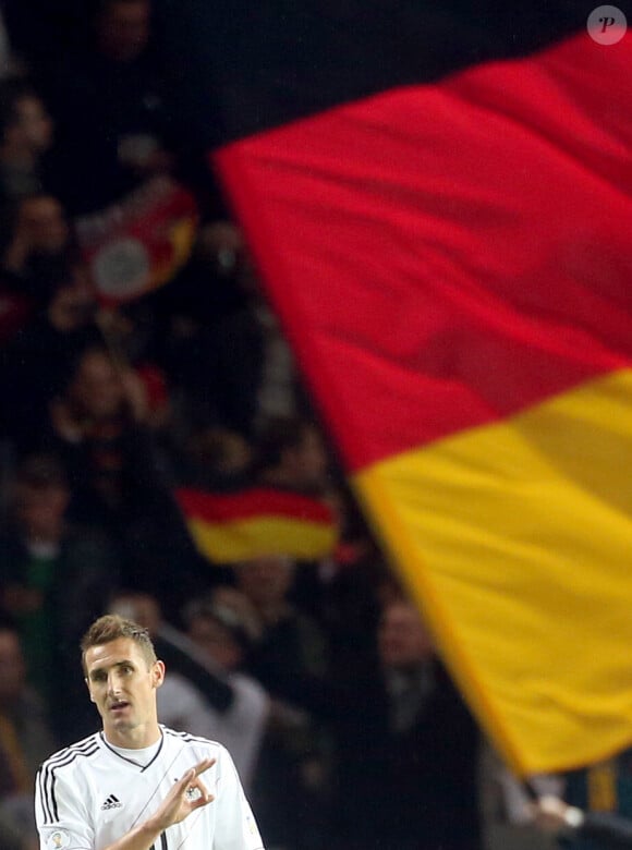 Germany's Miroslav Klose celebrates after scoring the first goal during the World Cup 2014 qualifying soccer match, Germany Vs Sweden at Olympic stadium in Berlin, Germany on October 16, 2012. The match ended in a 4-4 draw. Photo by Kay Nietfeld/DPA/ABACAPRESS.COM17/10/2012 - Berlin