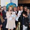 Céline Dion entourée de ses jumeaux Nelson et Eddy, de son fils René Charles et de son mari René à Las Vegas le 16 février 2011.