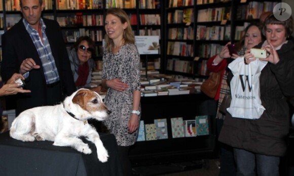 Uggie, le chien fait la promotion de ses mémoires, Uggie : The Artist, à Londres, le 30 octobre 2012