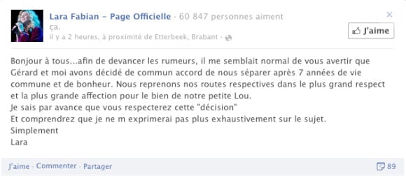 Lara Fabian annonce sa rupture avec Gérard Pullicino sur Facebook le 15 novembre 2012.
