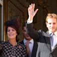 La princesse Caroline de Hanovre et son fils Andrea Casiraghi - La famille princière de Monaco au balcon du palais lors de la Fête nationale le 19 novembre 2012.
