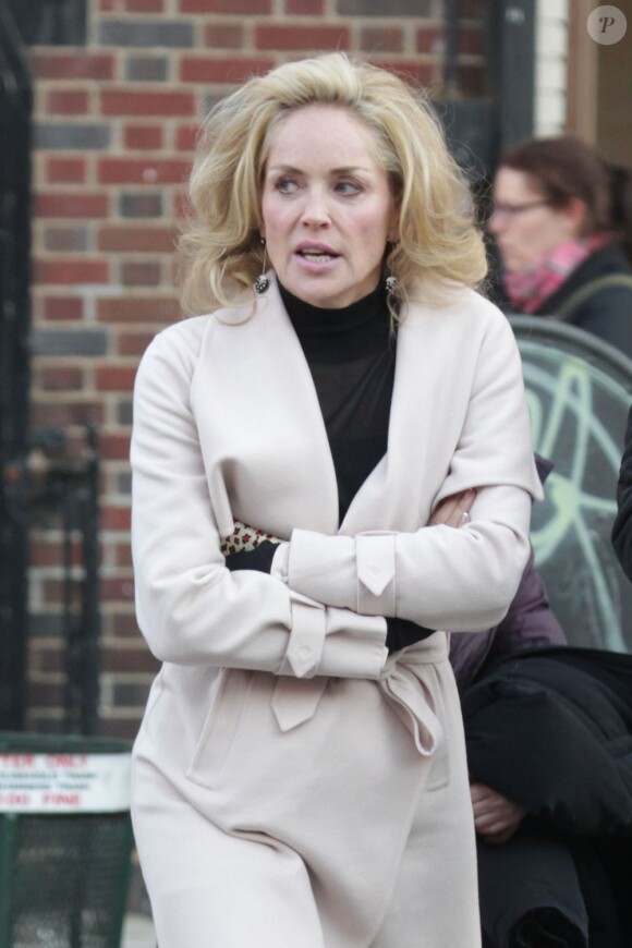 Sharon Stone arbore un manteau rose pâle sur le tournage du film Fading Gigolo à New York, le 26 novembre 2012.