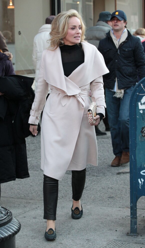 Sharon Stone, ravissante à souhait sur le tournage de Fading Gigolo à New York, le 26 novembre 2012.