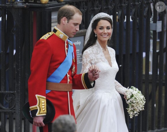 Kate Middleton et le prince William heureux, lors de leur union le 29 avril 2011 à Londres