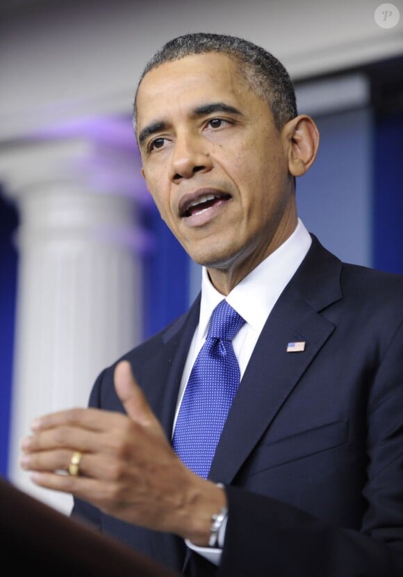 Le président Barack Obama en plein discours sur le mur budgétaire à la Maison Blanche. Washington, le 21 décembre 2012.
