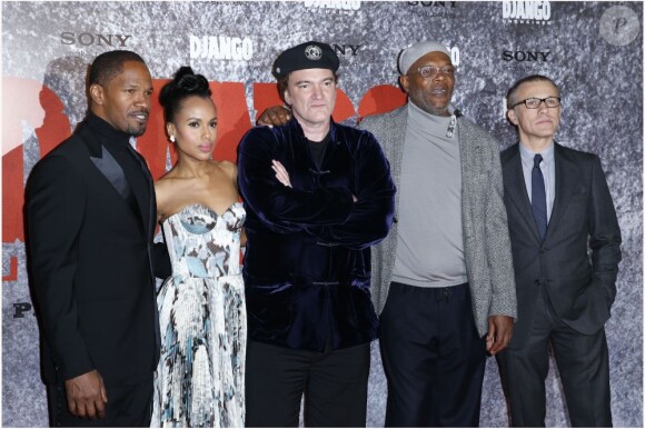 Jamie Foxx, Kerry Washington, Quentin Tarantino, Samuel L. Jackson et Christoph Waltz lors de l'avant-première du film Django Unchained au Grand Rex de Paris, le 7 janvier 2013.