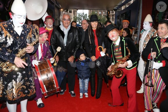Flavio Briatore, son épouse Elisabetta Gregoraci et leur fils Falco, 2 ans, au chapiteau Fontvieille le 20 janvier 2013 pour une représentation du 37e Festival international du cirque de Monte-Carlo.