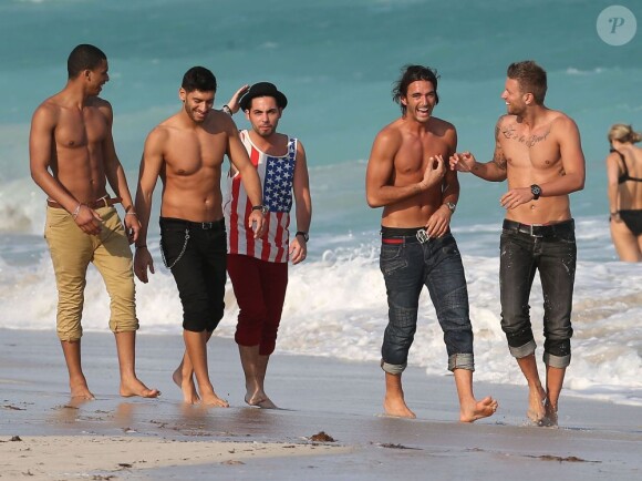 Alban (The Voice), Thomas Vergara (Secret Story 6), Benjamin (La Belle et ses princes presque charmants), Samir (L'île des Vérités), Marie (Koh Lanta) et l'ange anonyme sur le tournage de la cinquième saison des Anges de la Télé-Réalité sur une plage à Miami, le 22 janvier 2013.