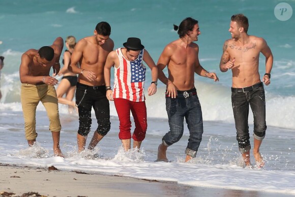 Alban (The Voice), Thomas Vergara (Secret Story 6), Benjamin (La Belle et ses princes presque charmants), Samir (L'île des Vérités), Marie (Koh Lanta) et l'ange anonyme sur le tournage de la cinquième saison des Anges de la Télé-Réalité sur une plage à Miami, le 22 janvier 2013.