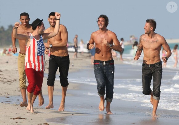 Alban (The Voice), Thomas Vergara (Secret Story 6), Benjamin (La Belle et ses princes presque charmants), Samir (L'île des Vérités), Marie (Koh Lanta) et l'ange anonyme sur le tournage de la cinquième saison des Anges de la Télé-Réalité sur une plage à Miami, le 22 janvier 2013.