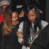 Rihanna quitte une boîte de nuit de Los Angeles, au bras de son amie Melissa, le 24 janvier 2013. Rihanna arbore une robe très courte noire transparente sans soutien-gorge sur de somptueux talons.