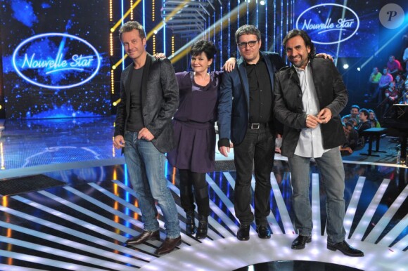 Sinclair, Maurane, Olivier Bas et André Manoukian sur le troisième prime de la Nouvelle Star sur D8, à Issy-Les-Moulineaux, le 30 janvier 2013.