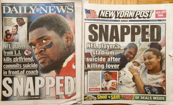 Les unes du New York Daily News et du New York Post le 2 décembre 2012 après le suicide de Jovan Belcher