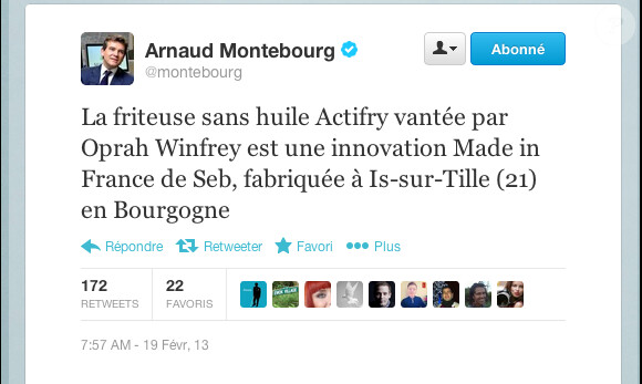 Le tweet d'Arnaud Montebourg sur Oprah Winfrey