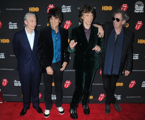 Les Rolling Stones (Charlie Watts, Ronnie Wood, Mick Jagger et Keith Richards) à la première de Crossfire Hurricane à New York, le 13 novembre 2012.