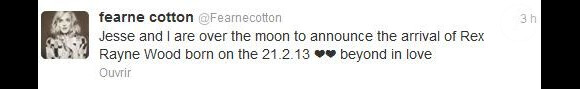 Fearne Cotton a annoncé la naissance de son petit Rex Rayne Wood, jeudi 21 février sur Twitter.