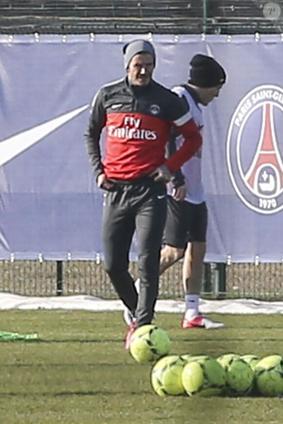 David Beckham à l'entraînement avec le PSG, au Camp des Loges, le 19 février 2013
