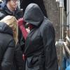 Andrew Garfield en costume entre deux scènes sur le tournage de The Amazing-Spider-Man 2 à New York, le 25 février 2013.