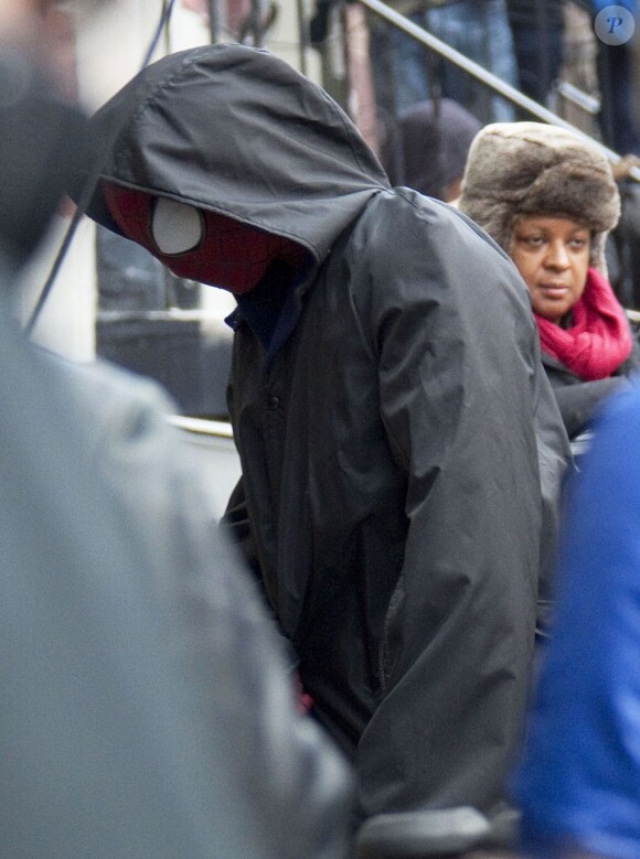 Andrew Garfield lors du tournage de The Amazing-Spider-Man 2 à New York, le 25 février 2013.