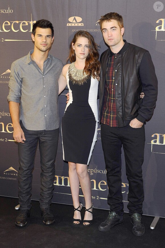 Taylor Lautner, Kristen Stewart et Robert Pattinson à Madrid, le 15 novembre 2012.