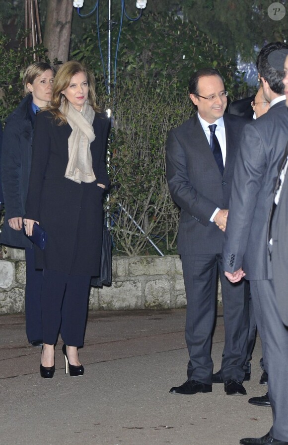 Valérie Trierweiler et François Hollande lors du 28e dîner annuel du Crif au Pavillon d'Armenonville à Paris le 20 mars 2013.