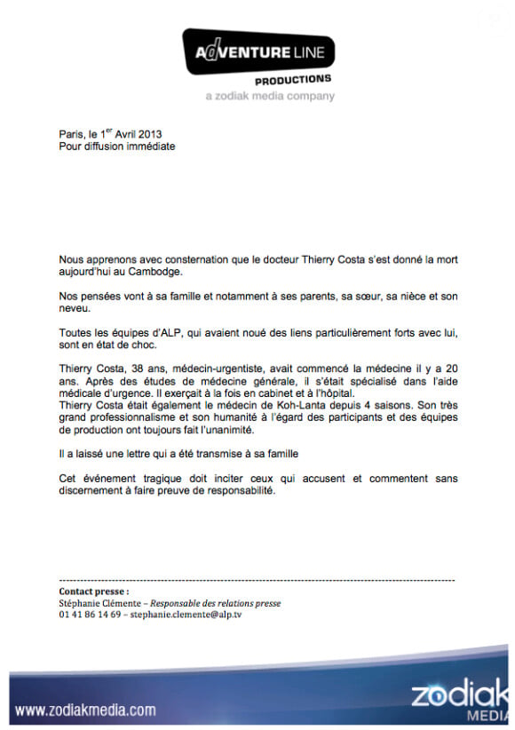 Communiqué d'ALP annonçant le suicide de Thierry Costa, médecin de Koh Lanta, le 1er avril 2013