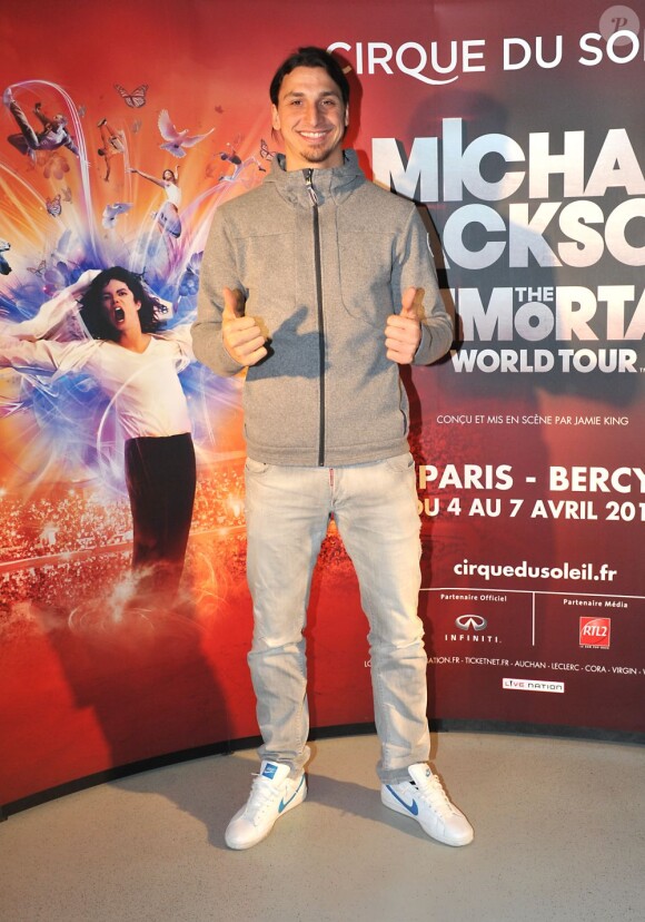 La star du PSG Zlatan Ibrahimovic au Palais Omnisports de Paris Bercy pour la première du spectacle Michael Jackson "The Immortal World Tour" le 3 avril 2013.