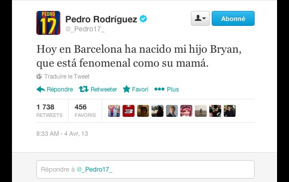 Pedro annonce la naissance de son fils Bryan sur Twitter le 4 avril 2013.