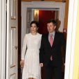  Le prince héritier Frederik et la princesse Mary de Danemark lors des arrivées au palais Moltke (Christian VII) le 5 avril 2013 pour le dîner ponctuant la visite d'Etat de deux jours du président de la Finlande Sauli Niinistö et son épouse Jenni Haukio. 