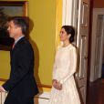  Le prince héritier Frederik et la princesse Mary de Danemark lors des arrivées au palais Moltke (Christian VII) le 5 avril 2013 pour le dîner ponctuant la visite d'Etat de deux jours du président de la Finlande Sauli Niinistö et son épouse Jenni Haukio. 