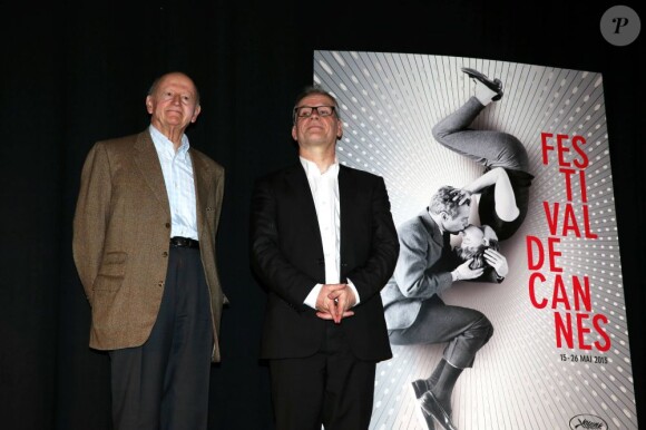 Gilles Jacob et Thierry Frémaux à Paris le 18 avril 2013 pour la conférence de presse et l'annonce de la sélection des films au prochain festival de Cannes.