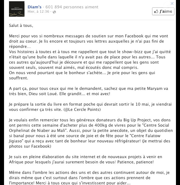 Message posté par Diam's sur Facebook, le 24 avril 2013.