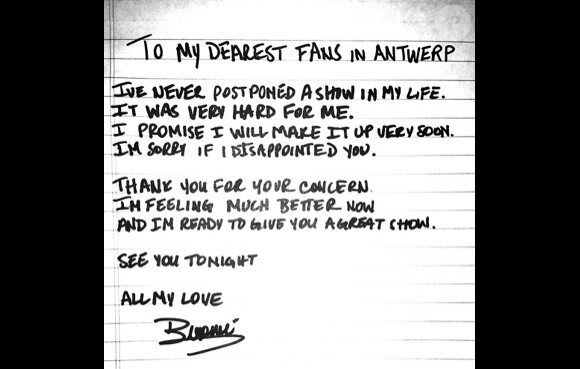 Beyoncé Knowles a posté sur son site internet une lettre d'excuse pour ses fans mais aussi une bonne nouvelle concernant la reprise de sa tournée. Mai 2013.