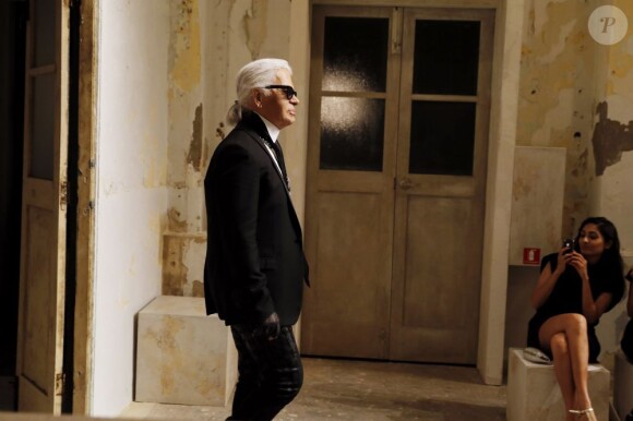 Karl Lagerfeld à l'issue de son Défilé Croisière Chanel en mai 2013