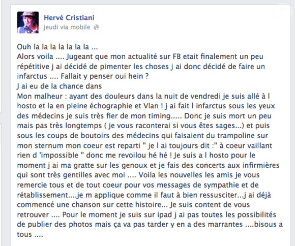 Hervé Cristiani révèle avoir été victime d'un infarctus via sa page Facebook dans la nuit du jeudi 16 au vendredi 17 mai 2013