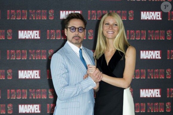 Robert Downey Jr et Gwyneth Paltrow au photocall de Iron Man 3 à l'hôtel The Dorchester à Londres, le 17 avril 2013.