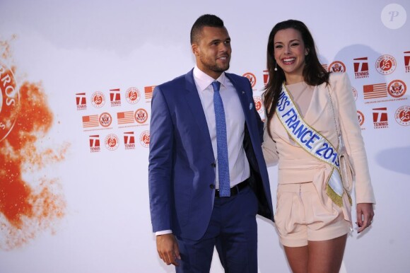 Jo-Wilfried Tsonga accompagné de la belle Marine Lorphelin, Miss France 2013, lors de la soirée des joueurs de Roland-Garros qui se déroulait à la Résidence de l'Ambassadeur des Etats-Unis à Paris le 24 mai 2013