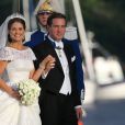 La princesse Madeleine de Suède et Chris O'Neill débarquant au domaine royal Drottningholm, à l'ouest de Stockholm, pour la réception de leur mariage, le 8 juin 2013.