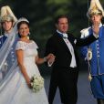 La princesse Madeleine de Suède et Chris O'Neill débarquant au domaine royal Drottningholm, à l'ouest de Stockholm, pour la réception de leur mariage, le 8 juin 2013.