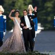 Victoria et Daniel de Suède débarquant au domaine royal Drottningholm, à l'ouest de Stockholm, pour la réception du mariage de la princesse Madeleine de Suède et Chris O'Neill, le 8 juin 2013.