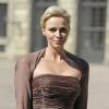 La princesse Charlene de Monaco en Akris au mariage de la princesse Madeleine de Suède et de Chris O'Neill le 8 juin 2013 au palais royal à Stockholm.