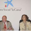 Le roi Juan Carlos Ier d'Espagne et la reine Sofia lors de la réunion d'attribution des bourses d'études de 3e cycle de La Caixa, le 10 juillet 2013 à Madrid.