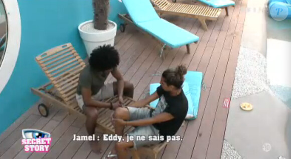 Jamel s'excuse auprès d'Eddy dans le cadre de leur mission dans la quotidienne de Secret Story 7 sur TF1 le jeudi 11 juillet 2013