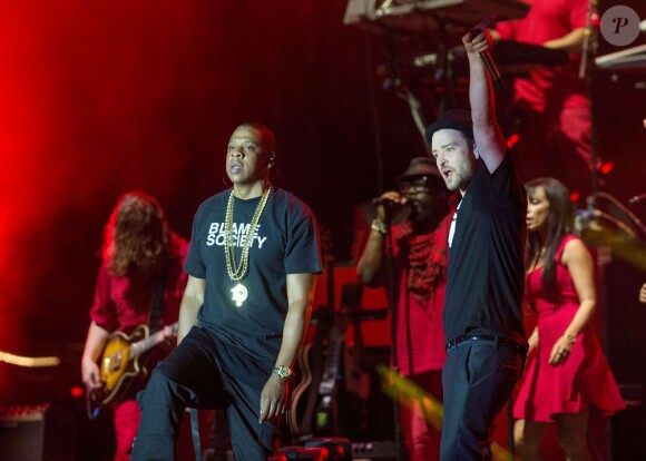 Jay-Z et Justin Timberlake en concert lors du festival Wireless à Londres, le 14 juillet 2013.
