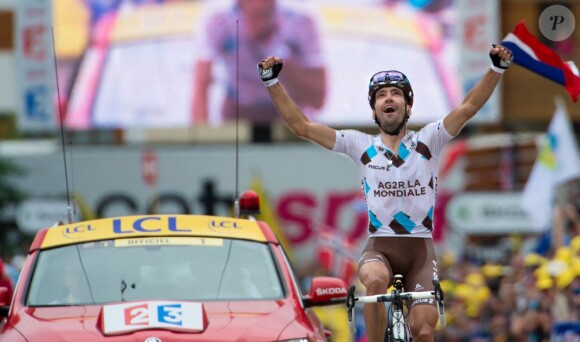 Christophe Riblon de l'équipe AG2R La Mondiale a remporté la 18e étape du Tour de France au sommet de l'Alpe d'Huez le 18 juillet 2013