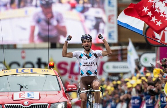 Christophe Riblon de l'équipe AG2R La Mondiale a remporté la 18e étape du Tour de France au terme de la mythique ascension de l'Alpe d'Huez le 18 juillet 2013
