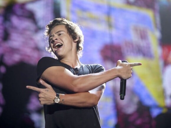 Le jeune Harry Styles sur scène avec les One Direction à Minneapolis, au Minnesota, USA, le 18 juillet 2013.