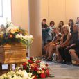 La petite-fille de Bernadette Lafont, Elisabeth Lafont (sa fille), David Lafont (son fils) et sa femme lors des funérailles de l'actrice au temple de Saint-André-de-Valborgne dans le Gard le 29 juillet 2013