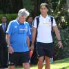 Cristiano Ronaldo et son entraîneur Carlo Ancelotti quittent le Beverly Hills Hotel. Beverly Hills, le 29 juillet 2013.