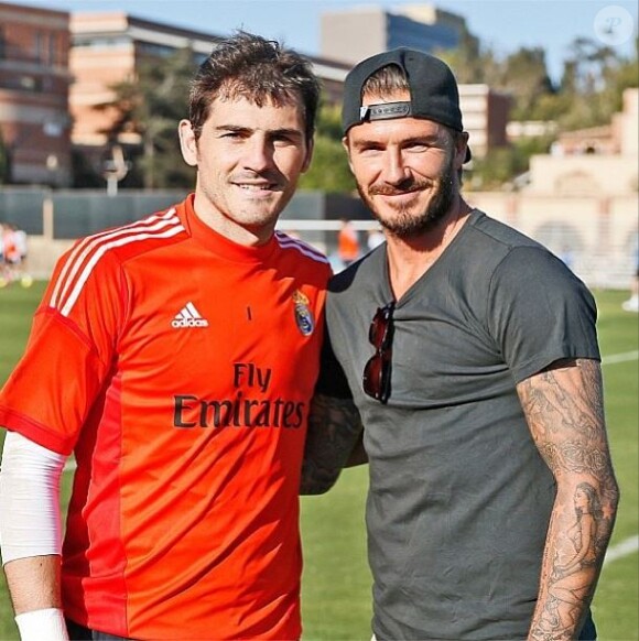 David Beckham et Iker Casillas lors d'une séance d'entraînement du Real Madrid sur le campus de l'université UCLA à Los Angeles.